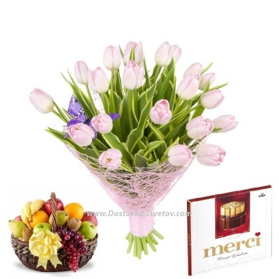 Подарочный набор из тюльпанов, конфет и фруктовой корзины "Тутти-Фрутти"